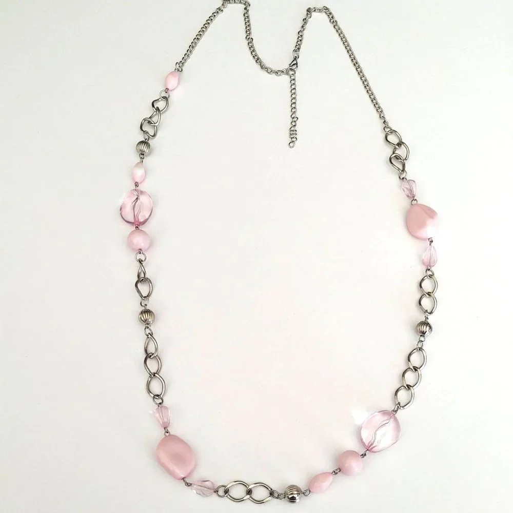 Long silver chain necklace with pink beads